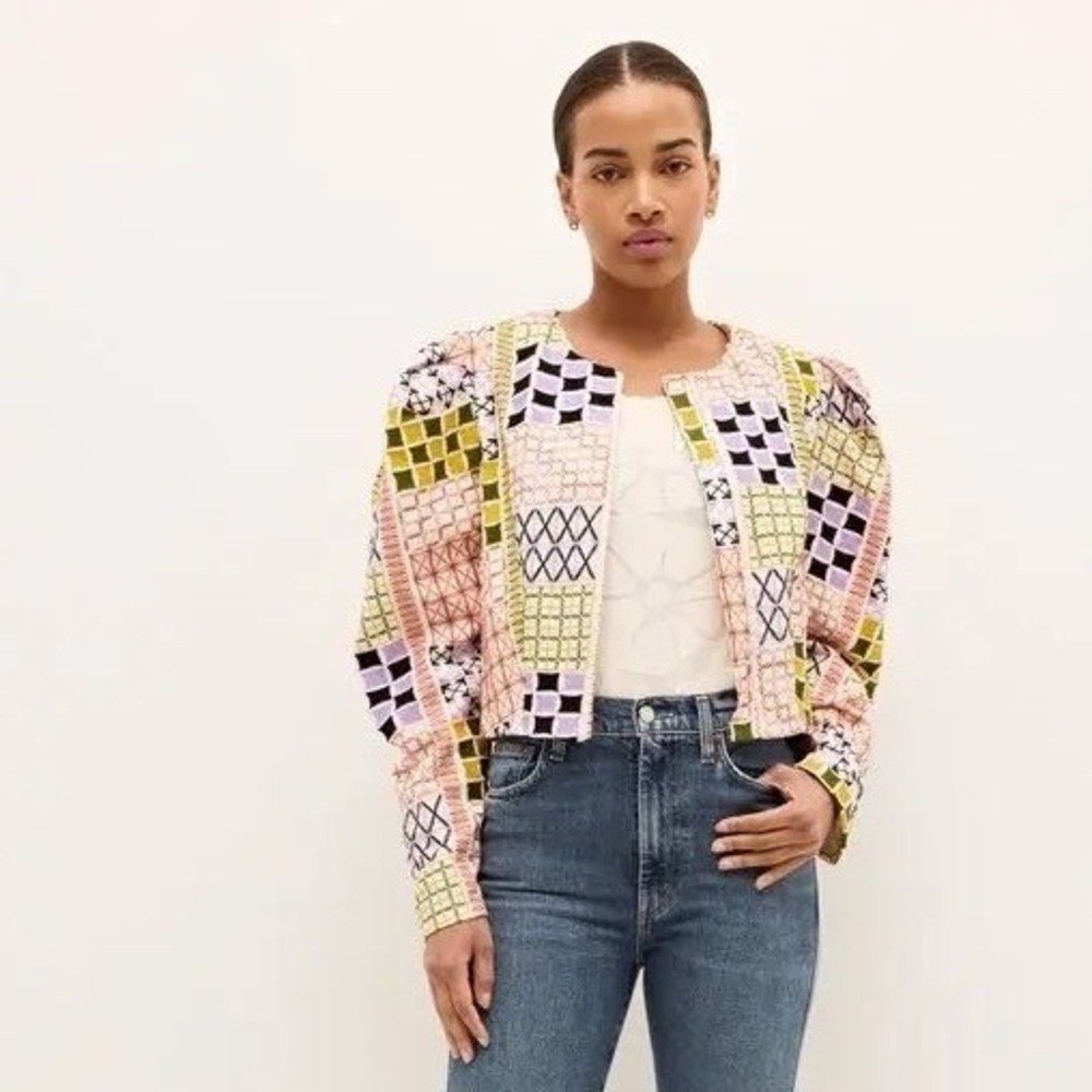 MARIE OLIVER Sheila Patchwork Embroidered Puffed Sleeve Cropped Jacket‎ Women S